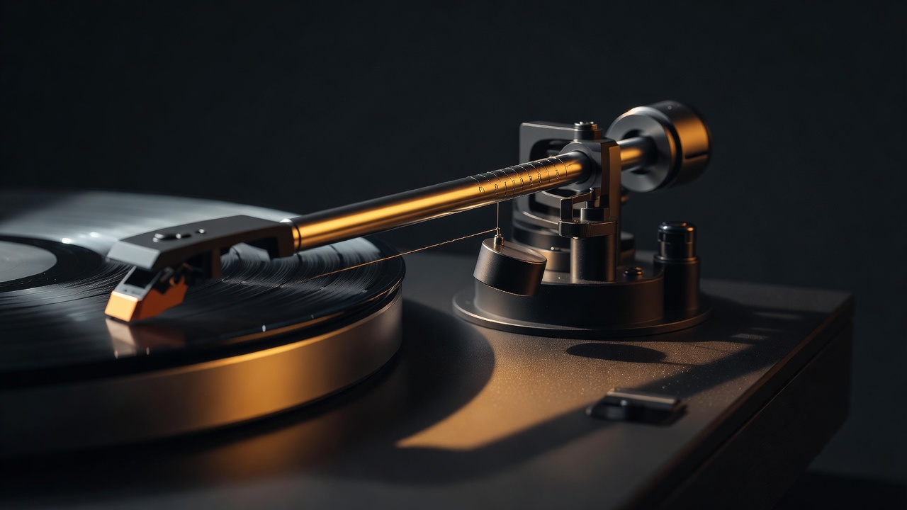 Gros plan sur le mécanisme d'anti-skating d'une platine vinyle, montrant la molette graduée et le contrepoids du bras de lecture